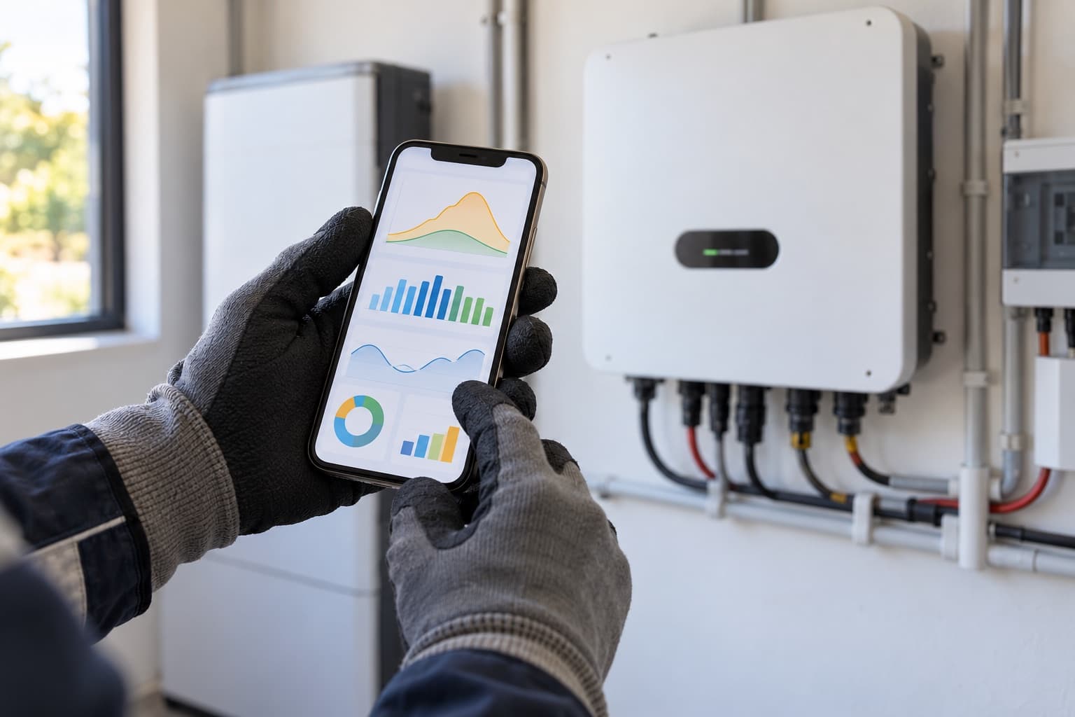 Tecnico che controlla l'app di monitoraggio accanto all'inverter