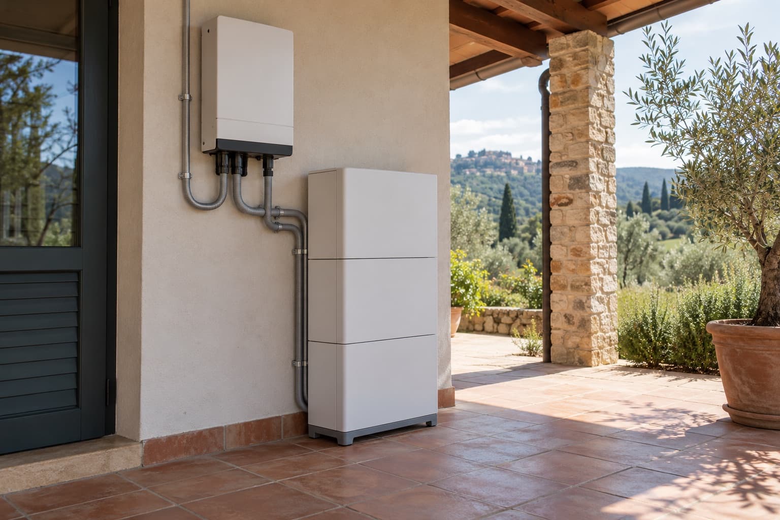 Batteria al litio a moduli montata sotto un portico, accanto all'inverter