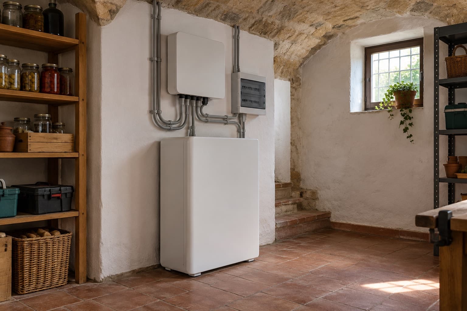 Batteria al sodio in una cantina, con il suo inverter a parete