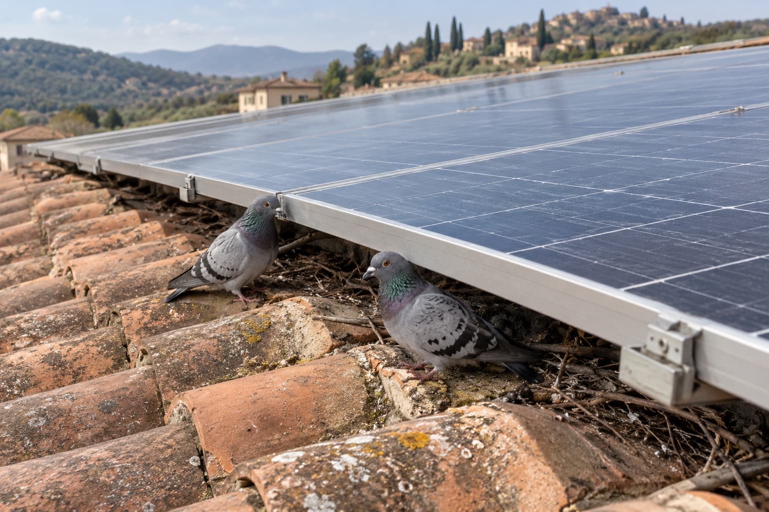 Piccioni e un nido sotto i pannelli fotovoltaici, sul bordo di un tetto in coppi